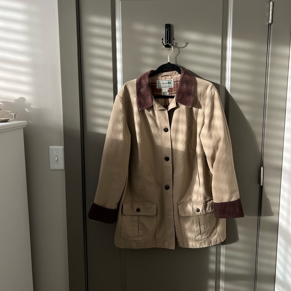 L.L. Bean Beige Utility Jacket with Brown Corduroy Collar & Cuffs